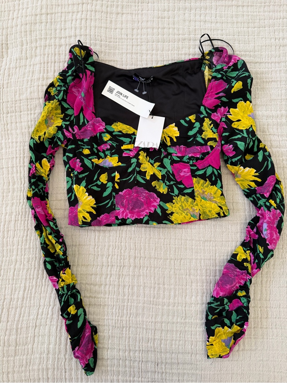 Zara Black Floral Square-Neck Crop Top with Pink and Yellow Blooms